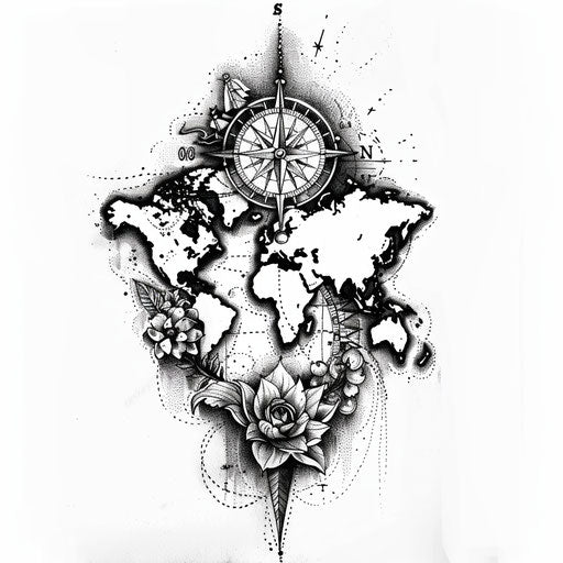 Detailed world map with compass, vintage style