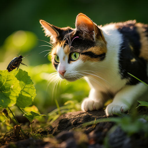 Calico cat staring at an insect
