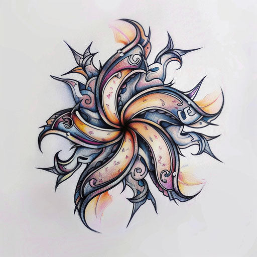 Artistic flat tattoo sketch featuring a swirling chaos star in pastel shades