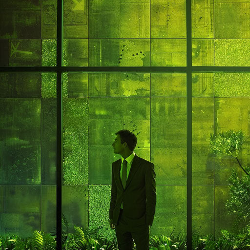 Businessman in green space promoting sustainability in business