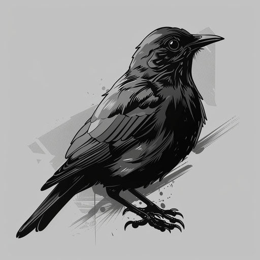 Clipart tattoo sketch of blackbird with dramatic shadow in grayscale