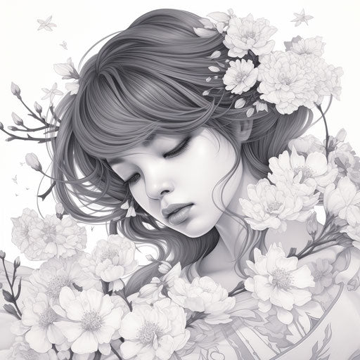 Black and white coloring page with flowers, cherry blossom style