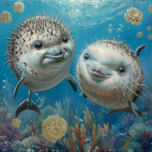 Puffer fish swimming in tandem with dolphins