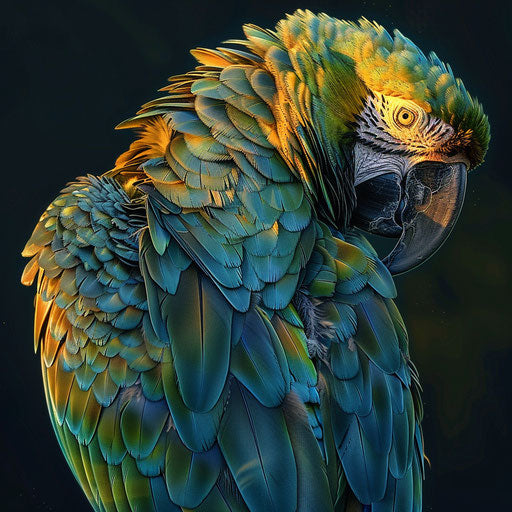 Serene dusk with a Spix's macaw, golden glow on its feathers
