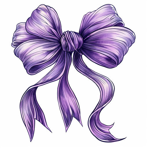 Stylized clipart tattoo sketch of a bow with exaggerated long ribbons in deep violet