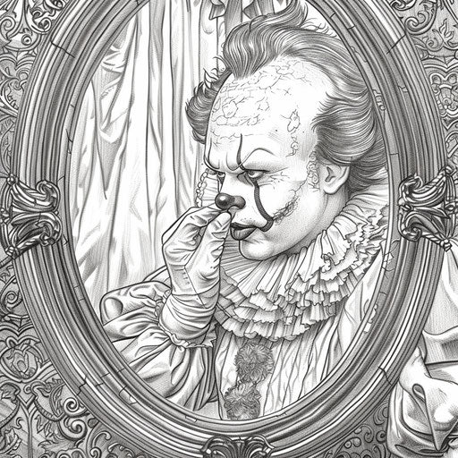 Clown painting face in mirror. Coloring book page