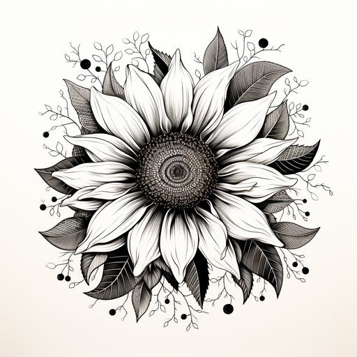 Black and white sunflower in intricate floral style