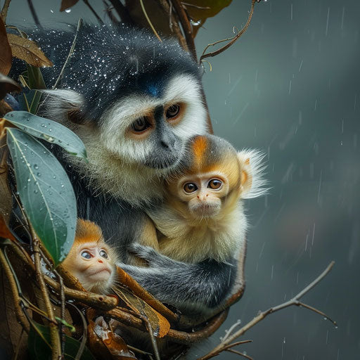 Tender moment between a mother Yunnan snub-nosed monkey and her baby