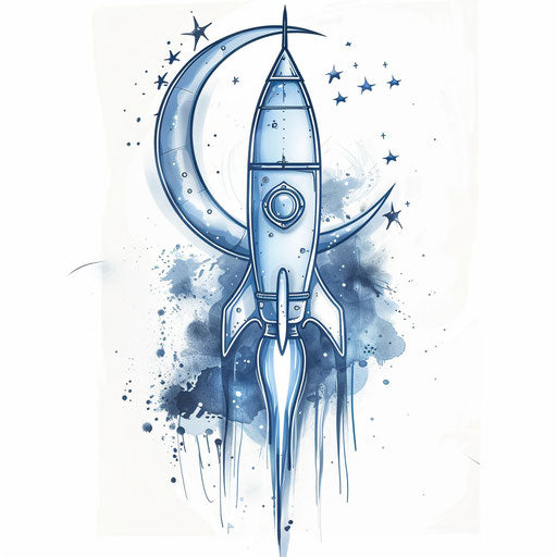 Mystical rocket flying past a crescent moon