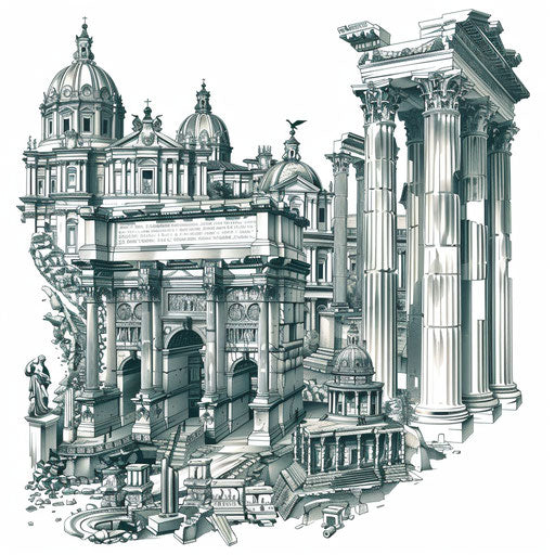 Neo-classical tattoo of a Roman forum in black and grey