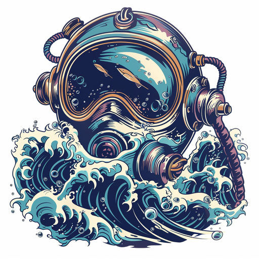 Vintage diver helmet with sea waves in sailor tattoo in neo-traditional colors