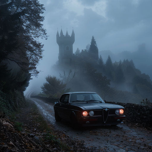 Gothic Alfa Romeo Alfasud with matte black paint and dark red accents, emerging from the fog on a haunted castle road