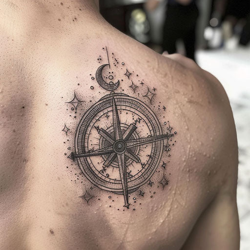Intricate dotwork tattoo of a pirate's astrolabe with stars