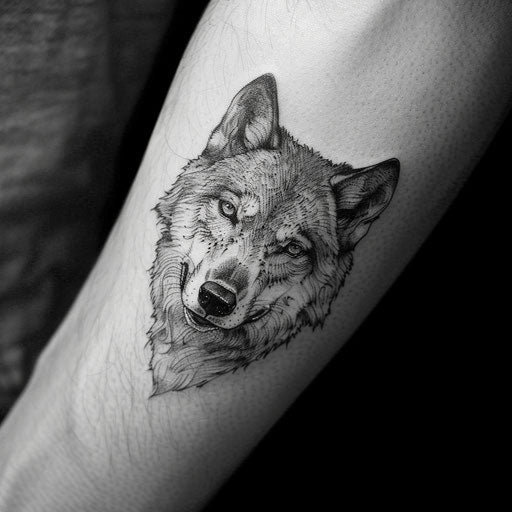 Simple tattoos for men of a wolf, in the style of David Palumbo