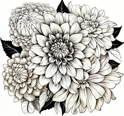 Black and white dahlias, love and romance style, symmetrical composition