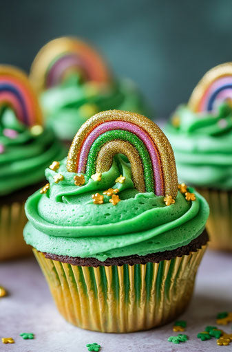 Rainbow cupcakes for St. Patrick's Day with green frosting and gold sprinkles