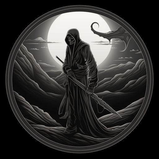 Black and white illustration of a grim shivering man with a scythe