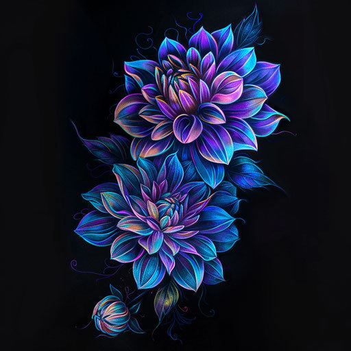 Glowing dahlia tattoo sketch in dark mode