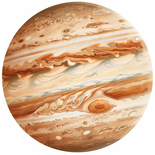Jupiter clipart in photorealistic style with a flat random background, minimalist design and subtle shading