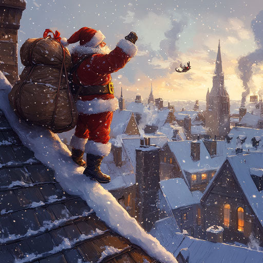 On the snowy rooftop, Santa is getting ready to descend with his sleigh and a sack of gifts next to him.