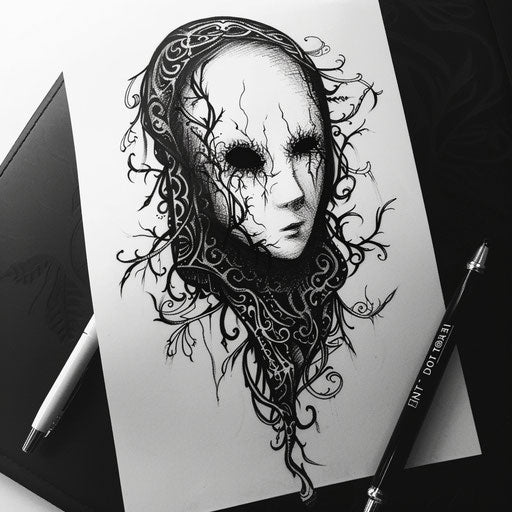Flat tattoo sketch of No-Face with intricate lace mask detailing
