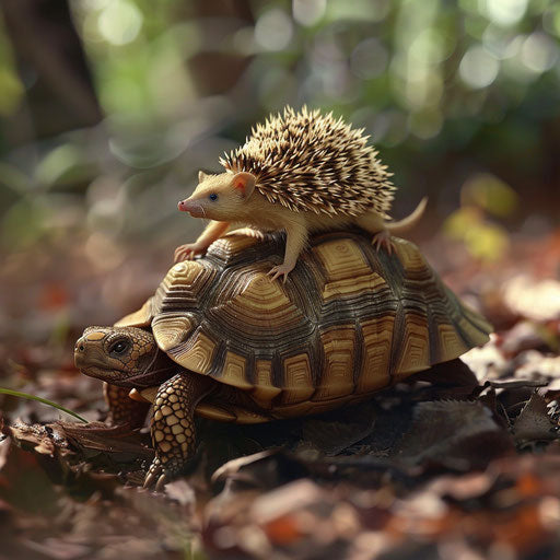 A hedgehog on the back of a friendly tortoise