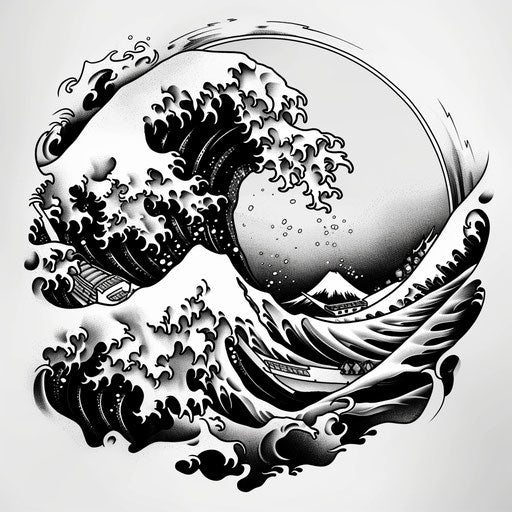 Bold and graphic tattoo sketch of a Japanese wave
