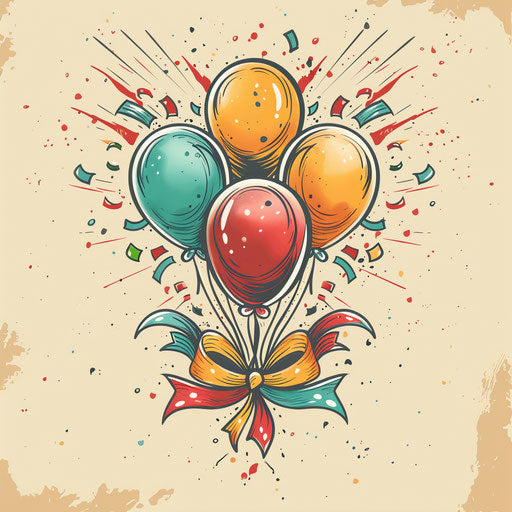 Vibrant tattoo sketch of a sigil for joy with balloons and streamers