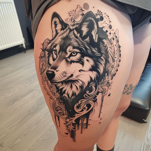 Mystical wolf thigh tattoo in the style of Adrian Smith