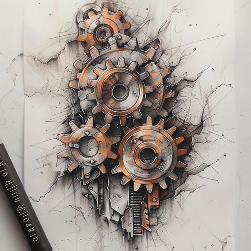 Flat industrial tattoo sketch for 13 tattoo with gears and metallic textures in bronze and gray
