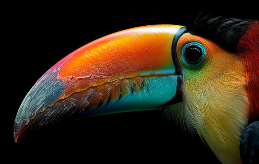 Close-up portrait of colorful toucan's beak on black background