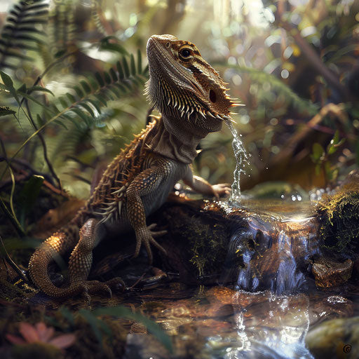 A bearded dragon playing in a stream