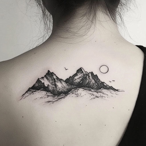 Minimalist shoulder tattoo with mountain, flat clipart style