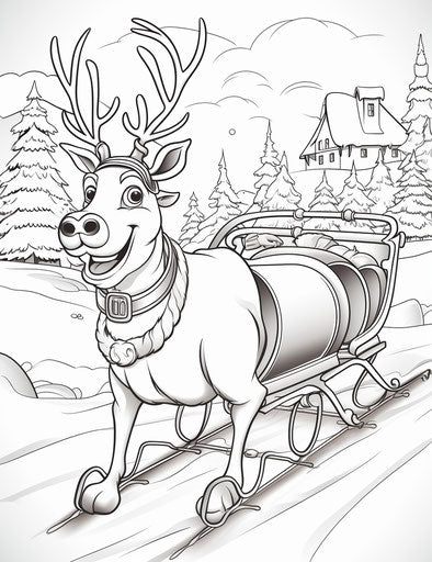 Christmas coloring page, Rudolph sleigh and reindeer, comic art style