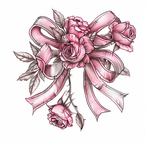 Romantic sketch of a bow with delicate pink roses intertwined