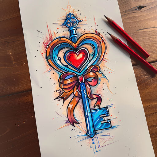 Bold and graphic tattoo sketch of a key with a heart-shaped bow in vivid reds and blues