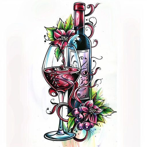 Italian wine bottle and glass tattoo design, elegant and in color, on white background
