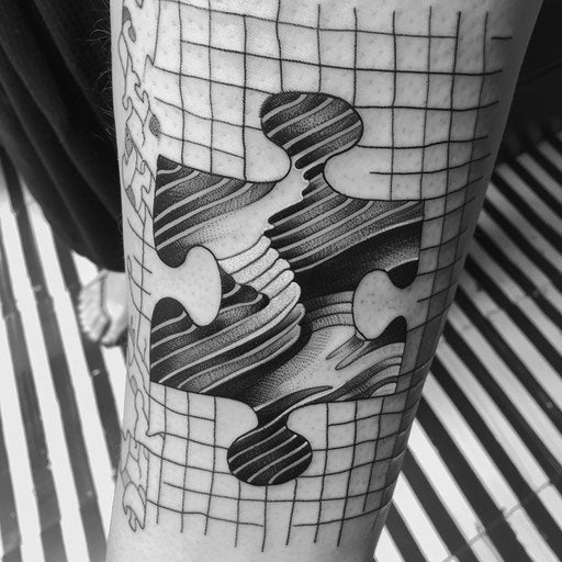 Puzzle piece tattoo with optical illusion design, black and white