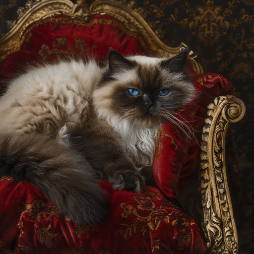 Himalayan cat with blue eyes on a velvet cushion, luxurious background