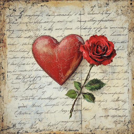 Heart and rose on vintage love letters, rustic Valentine's style