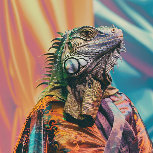 High-fashion runway with iguana in avant-garde designs