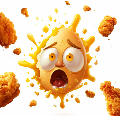 Broken egg surprised in a lively world of fried chicken