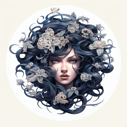 Girl's face with serpents, soft outlines, mono-ha, floralpunk, vines, mythology, birds & flowers, nouveau realism