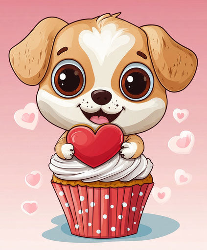 Happy puppy holding a heart-shaped cookie