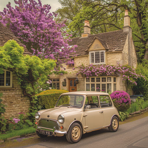Vintage Mini Cooper by charming English cottage