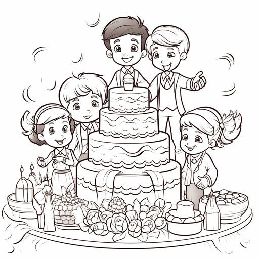 Coloring page with kids in front of a cake