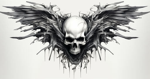 Winged skull, wings tattoo, monochromatic graphic design, exaggerated features