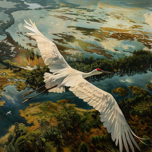 White crane flying over its natural habitat