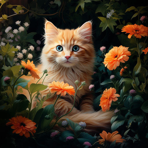 Orange cat in a flower bed with beautiful flowers