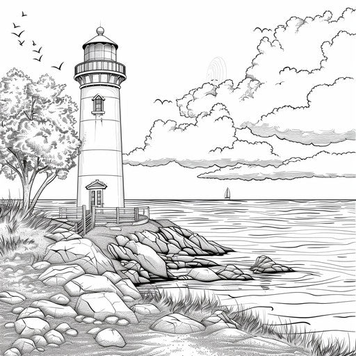 Lighthouse by the sea, coloring book page